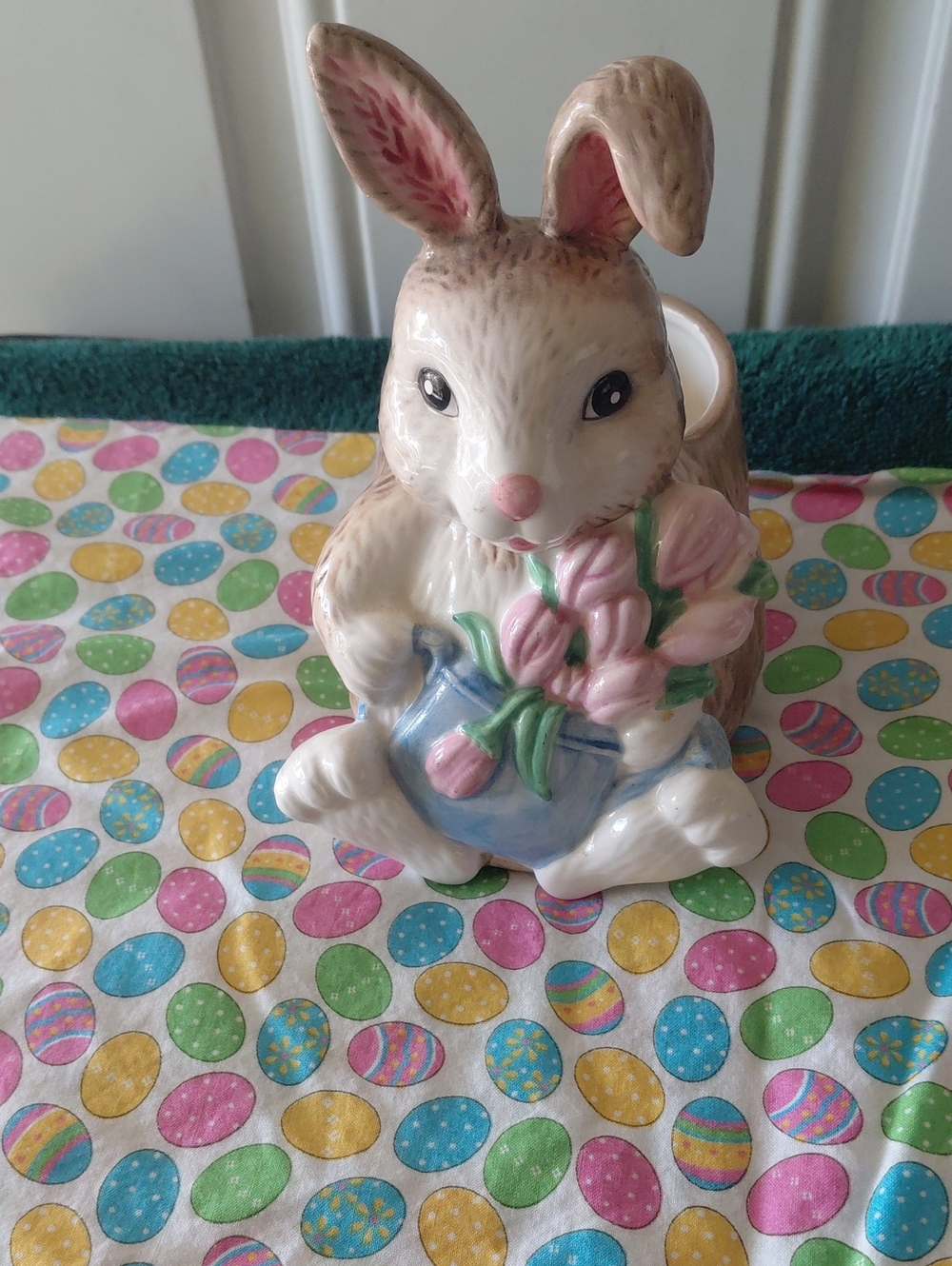 Ceramic Bunny Figurine with Pink Flowers